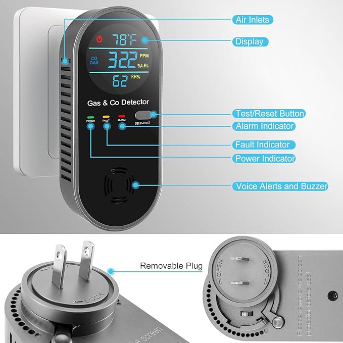 1 Pack 4-in-1 Plug-in Carbon Monoxide Detector with Voice Alerts, Combination Gas & Carbon Monoxide Detector, Portable CO Alarm with Fahrenheit(°F) & Humidity Sensor for Home, Hotel, RV, Easy Setup - Image 3