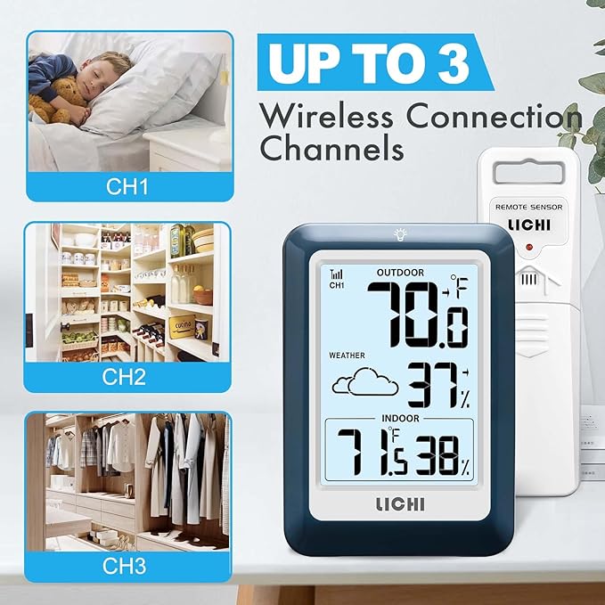 Indoor Outdoor Thermometer Wireless Weather Station, Internal External Thermometer Hygrometer, Home Batteryoperated Temperature Humiditymonitors330 Feet (About 100 Meters) Backlight Display (Blue) - Image 2