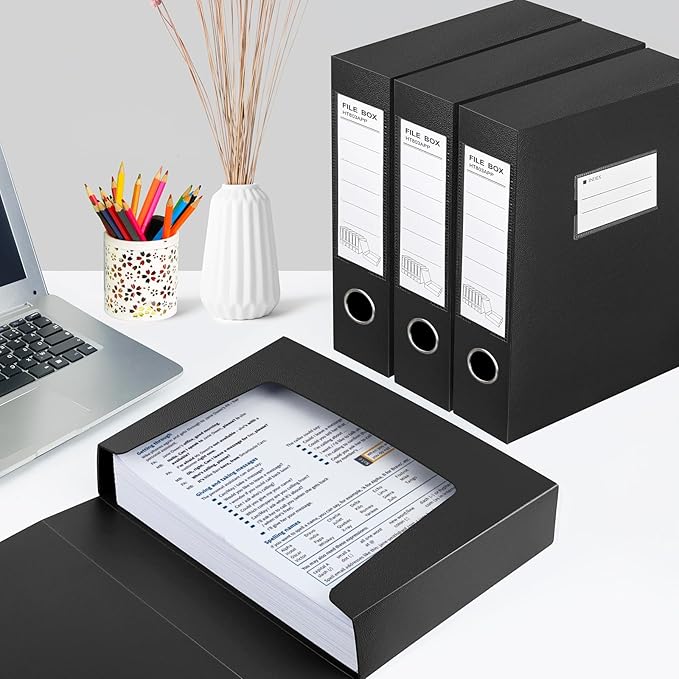HUA JIE 2 Pack A4 Storage File Boxes Archives Case,65mm Spine,Box File Document Storage Box for Office School -Black - Image 4