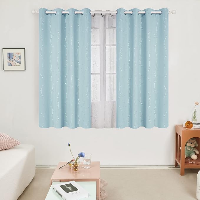 Deconovo Blackout Curtains, Thermal Insulated Soundproof Grommet Drapes, Wave Dot Foil Print, 52 x 63 Inch, Set of 2, Machine Washable Window Panel for Bedroom Living Room Nursery Kitchen, Light Blue - Image 2
