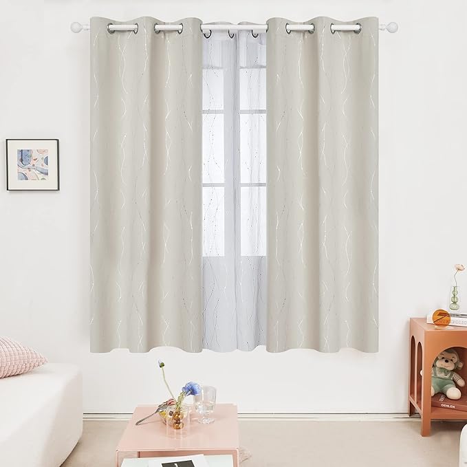 Deconovo Beige Curtains for Living Room, Room Darkening Soundproof Drapes with Wave Dots Silver Print, 38 x 72 Inch Long, Grommet Top, Set of 2 Window Panels for Living Room Bedroom Office Nursery - Image 2