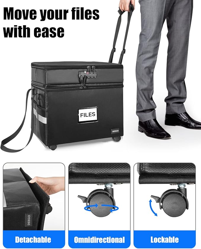 DEEGO Rolling File Box, Fireproof Document Box with Wheels Multi-Layer Water-Resistant File Organizer Portable file Cabinet Document Safe filing box for Home Office for Hanging Letter/Legal Folder - Image 2