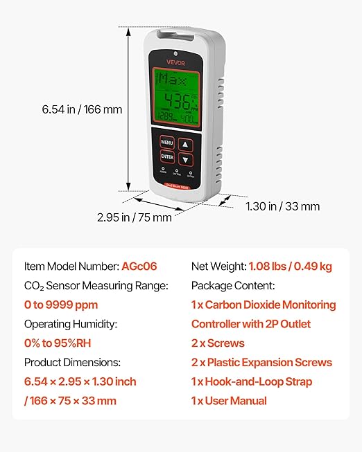 VEVOR Carbon Dioxide Monitoring Controller, Dual Outlets CO2 Monitor & Controller, Carbon Dioxide Sensor Day and Night Detection Feature, NDIR CO2 Sensor for Greenhouse, Laboratories, Classrooms, Home - Image 7