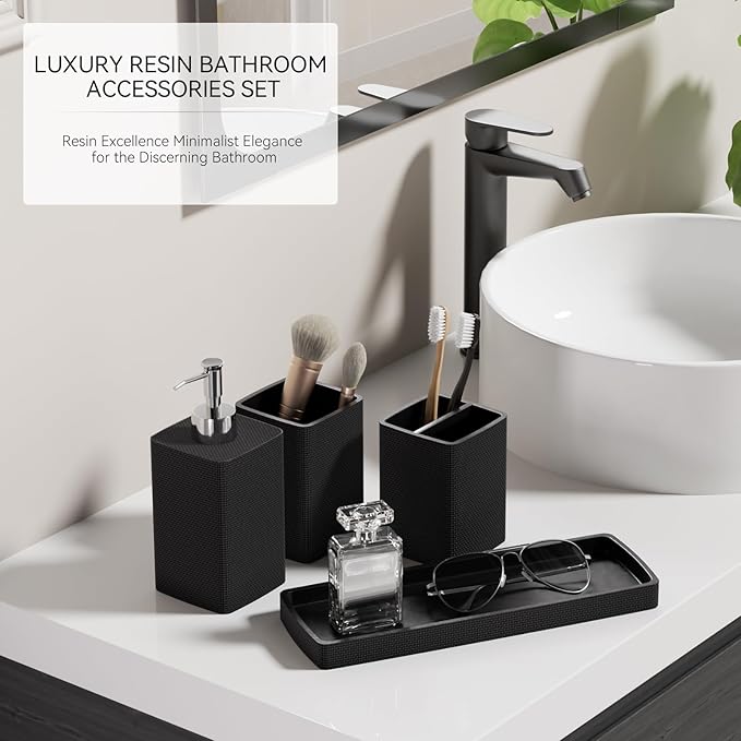 Resin Black Bathroom Sets, Black Bathroom Accessories Set with Shower Curtain, Bath Towel Set, Natural Loofah Sponge, Soap Dispenser, Toothbrush Holder, Bathroom Tumbler and Tray for Countertop - Image 6