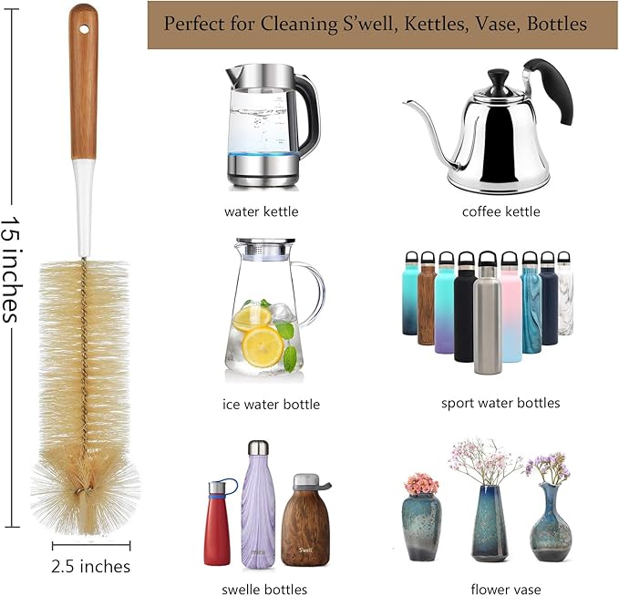 ALINK 5-Pack Bottle Brush Cleaner - Extra Long Bamboo Handle Water Bottle Straw Cleaning Brush for Washing Narrow Neck Beer Wine Decanter, Sports Bottle, Thermos, Flask, Jug - Image 3