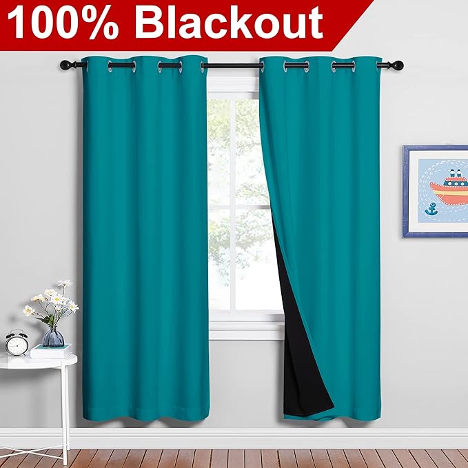 NICETOWN 100% Blackout Window Curtain Panels, Full Light Blocking Drapes with Black Liner for Nursery, 72-inch Drop Thermal Insulated Draperies (Peacock Teal, 2 Pieces, 42-inch Wide Per Panel) - Image 2