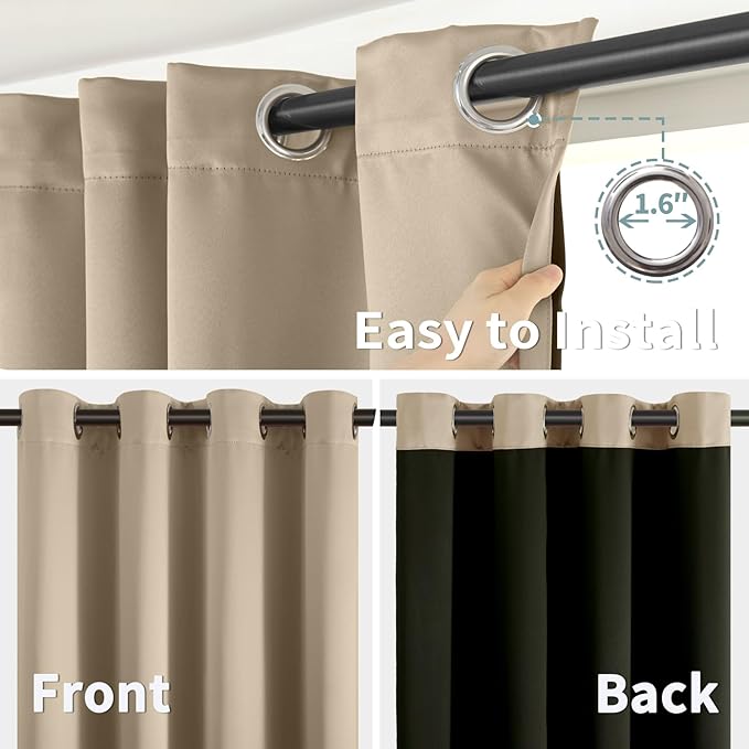 BGment Thermal Insulated 100% Blackout Curtains for Bedroom with Black Liner, Double Layer Full Room Darkening Noise Reducing Grommet Curtain (42 x 72 Inch, Sand, 2 Panels) - Image 6