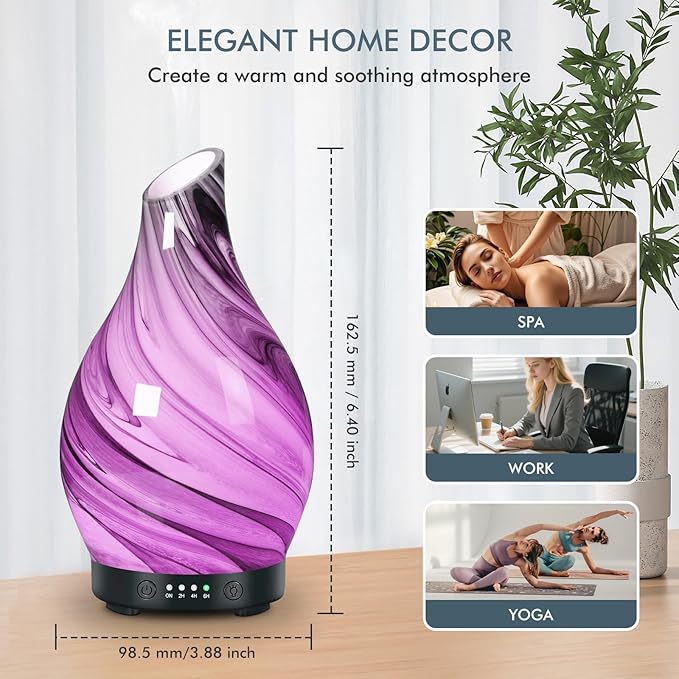 Essential Oil Diffuser Aroma Diffuser- 200 ml Art Glass Ultrasonic Cool Mist Oil Diffuser for Aromatherapy Auto Shut-Off Protection & 7 Colors Changed LED Light for Home Office Decor & Gift (200ml) - Image 6