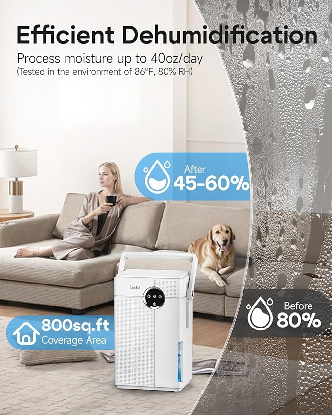Small Dehumidifier with Drain Hose, Portable Dehumidifier for Bathroom, 118oz Dehumidifiers for Home 800 sq ft with 7 Colorful Light, Quiet Dehumidifiers for Bedroom RV Closet Basement,White - Image 3