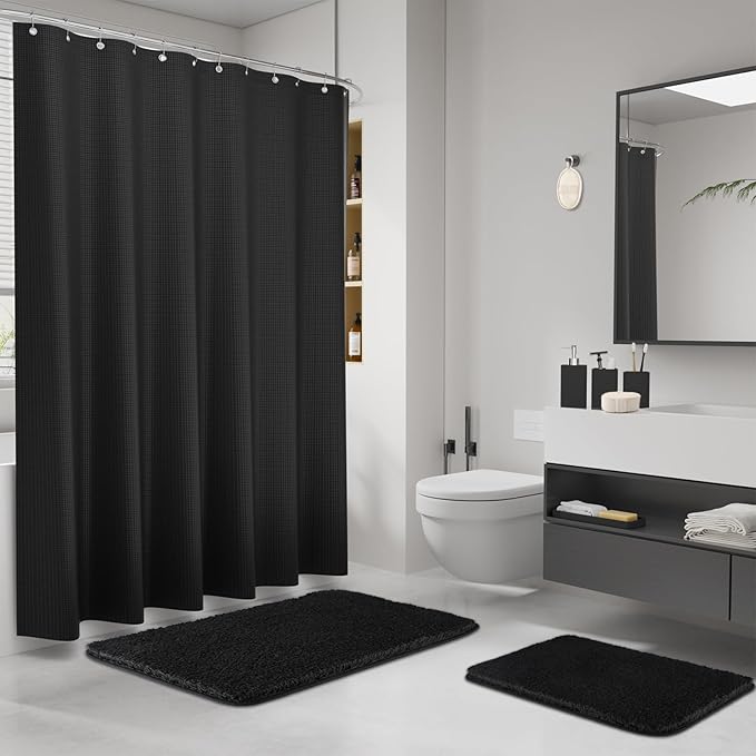 Black Bathroom Sets, Black Bathroom Accessories Set with Shower Curtain and No-Slip Bath Rugs, Natural Loofah Sponge, Soap Dispenser, Toothbrush Holder, Bathroom Tumbler and Tray for Bathroom - Image 2