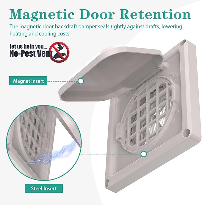 Dryer Vent Cover Outside 4 inch, Magnetic Door Design, Durable Airflow Vent with Lint Trap Screen, Thickened Material, 6 inch x 6 inch Size, Beige - Image 4