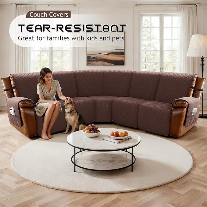 Arfntevss Waterproof Recliner Sectional Couch Covers for Reclining Sectional L Shape Sofa Cover Non Slip Washable Recliner L Shaped Slipcover Sets for Dog Furniture Protector (5 Seater, Dark Brown) - Image 7