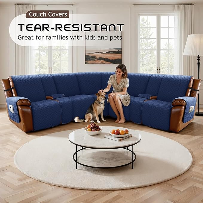 Arfntevss Waterproof Recliner Sectional Couch Covers for Reclining L Shape Sofa Cover Non Slip Washable L Shaped Slipcover Set for Dog Furniture Protector (5 Seat with 2 Console Cover, Midnight Blue) - Image 7