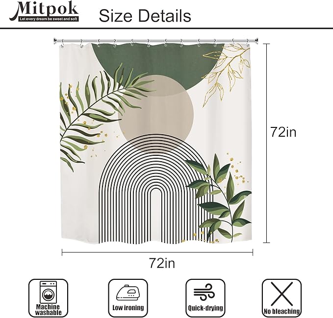 Green Boho Mid Century Shower Curtain 72Wx72H Abstract Gold Leaves Grey Modern Sun Arch Minimalist Geometric Aesthetic Plant Bathroom Decor Neutral Bath Curtain Polyester 12 Pack Hooks - Image 3