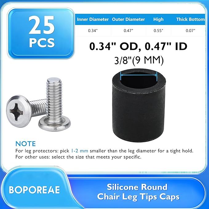25 Pcs 3/8"(9 mm) Round Chair Leg Tips Caps, Silicone Rubber Furniture Leg Floor Protectors, Reduce Noise Folding Metal Chair Leg Cap Replacement for Bar Stool Leg Patio Indoor, Black - Image 9