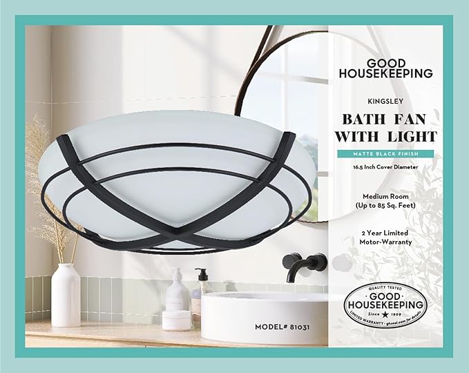 Good Housekeeping Kingsley (81031) Decorative 90 CFM 2.5 Sones Bathroom Ventilation Exhaust Fan with Lighting (Matte Black) - Image 2