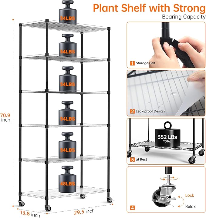 Bstrip DIY Plant Shelf with Grow Light, Grow Light Shelf with Adjustable Rack and Wheels, Plant Stand, 8-Pack 192W T8 Full Spectrum Lamps, ideal for Seed Starting, Seed Tray, 29.5"L x 13.8"W x70.9"H - Image 9