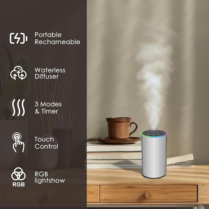 Waterless Essential Oil Diffuser, Battery Powered Mini Scent Air Machine, Aromatherapy Mist Diffuser for Home Room Car Office (Silver) - Image 7