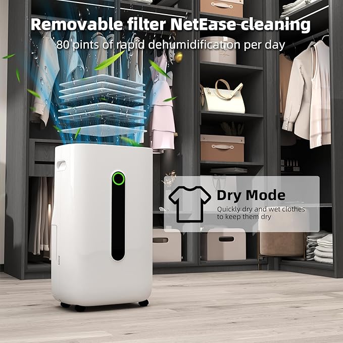 5000 sq.ft dehumidifier for basements with drain Hose, 80 pint dehumidifiers for home with 1.7 Gallons large Water Tank and 4 Modes Operation Auto Shut-off,24H Timer,Child Lock,Defrost,Silent - Image 9