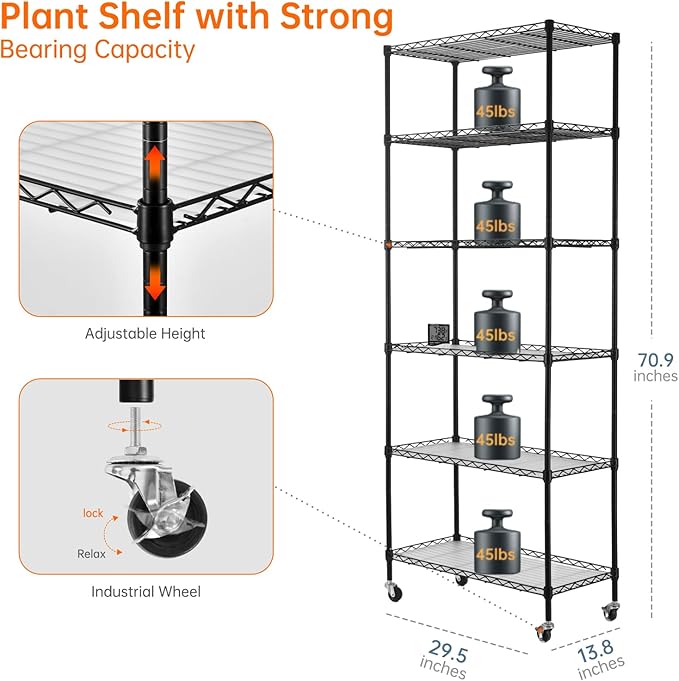 Bstrip 71" Indoor Greenhouse with Grow Light, 6-Tier DIY Plant Shelf with Adjustable Rack and Wheels, 8-Pack 192W Full Spectrum LED Plant Light for Indoor Plants, Seed Starting, (29.5" L x 13.8" W) - Image 9