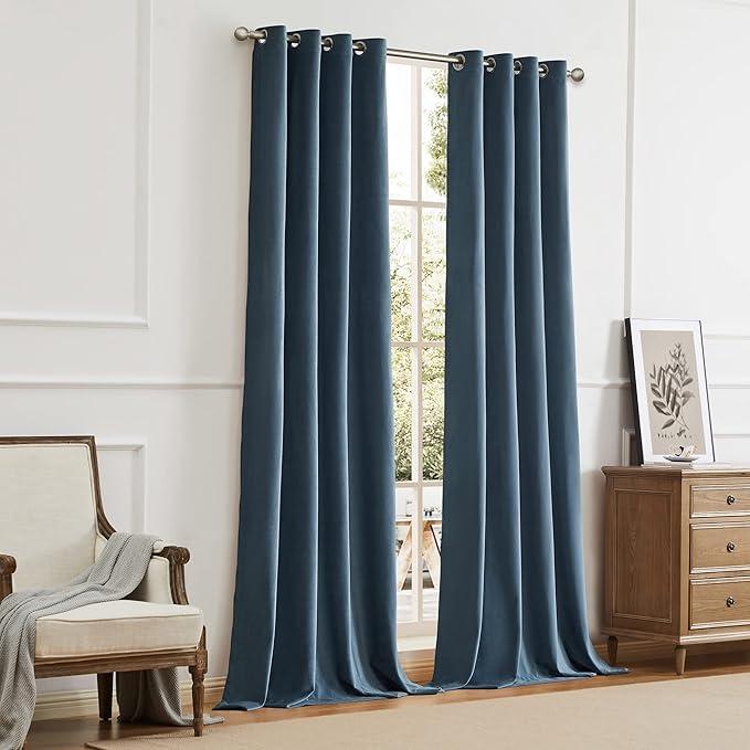 BULBUL Velvet Curtains 96 inches Luxury Elegant Living Room Curtain Modern Thermal Insulated Soundproof Privacy Room Darkening Floor to Ceiling Soft Grayish Blue Drapes for Bedroom Set of 2 - Image 7