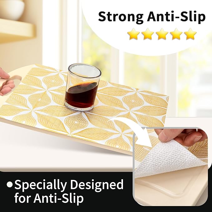 Shelf Liners for Kitchen Cabinets 17in x 20FT, Non Adhesive Cabinet Liner Strong Non-Slip Golden Leaf Drawer Liner, Easy to Clean for Shelf, Cabinet with Knife and Tape Measure - Image 2