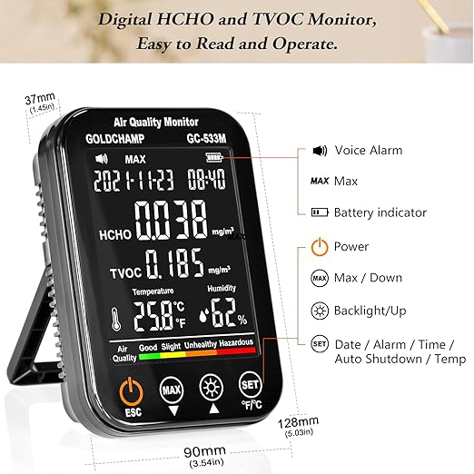 Air Quality Monitor Indoor, 4-in-1 Accurate Air Quality Detector with HCHO | TVOC | Temperature (℃/℉) | Humidity Sensor Air Analyzer with Digital LCD Screen, Sound Alarm for Home, Cars, Plants - Image 3