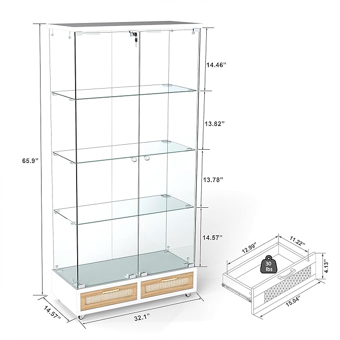 Yoluckea 4 Tier Glass Display Cabinet with LED Lighting and 2 Drawers, 2 Doors Floor Standing Curio Cabinet with Wheel for Home, Office, Corner Display, White Glass Bookshelf for Collections and Decor - Image 2