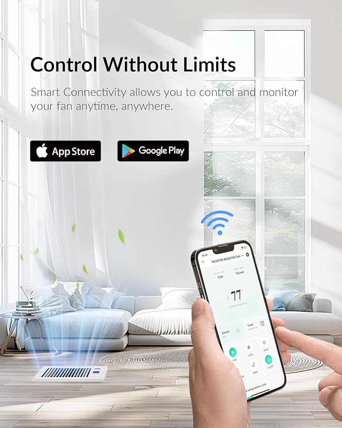 Super Quiet Register Booster Fan for 4" x 10" Register Holes, Smart Register Vent with Dual Intelligent Thermostat and WIFI App Control, Heating Cooling AC Vent Fan (White) - Image 3