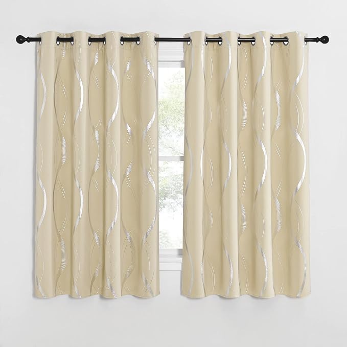 NICETOWN Bedroom Blackout Curtains Panels - Window Treatment Thermal Insulated Solid Grommet Blackout Wave Line Foil Print Design Curtains for Living Room (Biscotti Beige, Set of 2, 52 by 63 Inch) - Image 2