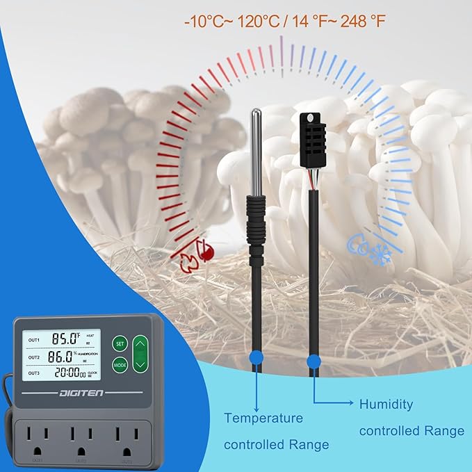 DIGITEN Temperature and Humidity Controller with Timer - 3 Outlet, 2 Separate Probes, Plug in Temperature Controller for Reptiles,Snake, Mushrooms, Tent, Triple Control for Temp,Humidity,Time - Image 5