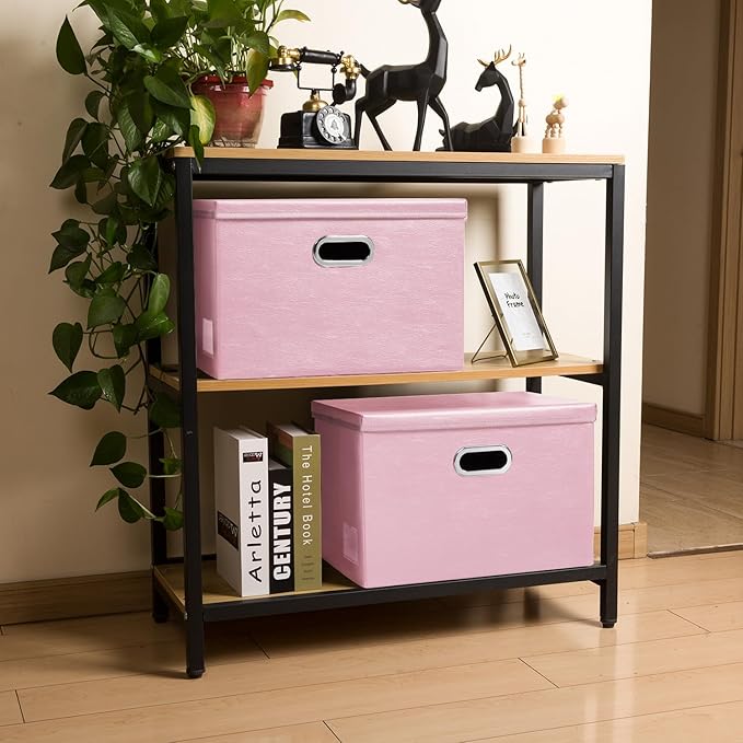 PRANDOM Foldable Storage Bins with Lids [5-Pack] Leather Fabric Collapsible Storage Boxes Organizer Containers Baskets Cube with Cover for Bedroom Closet Office Nursery Pink (14.9x10.8x10) - Image 3