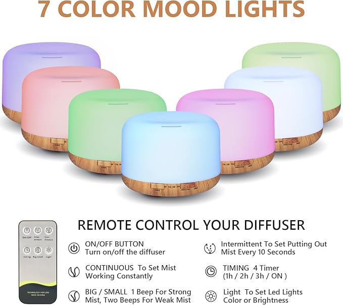 Oil Diffuser, 500ml Essential Oil Diffusers with 2 Mist Mode 4 Timers＆7 Ambient Light Waterless Auto Off, Diffusers Large Room Home Office - Image 3