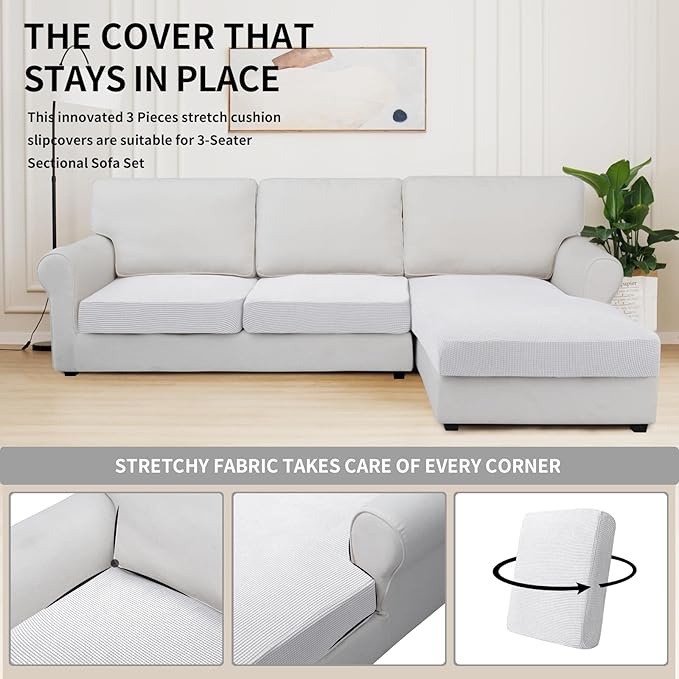 Easy-Going Stretch 3 Pieces Couch Cushion Covers for Sectional Sofa Left/Right L Shape Chaise Lounge Sofa Seat slipcover Anti-Slip Sofa Cover Soft (2 Seater + 1 Chaise, Snow White) - Image 5