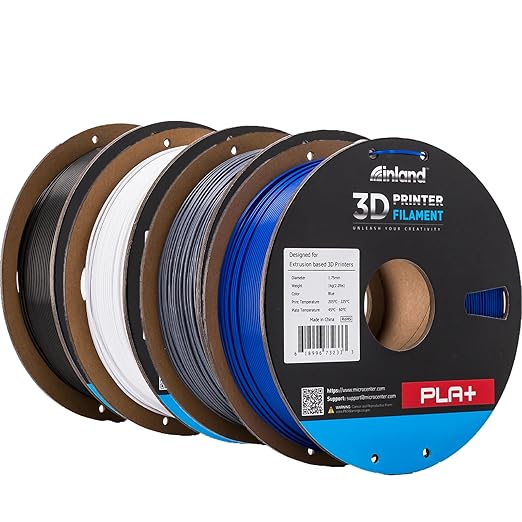 INLAND Micro Center PLA+ 3D Printing Filament 1.75mm - PLA Pro Dimensional Accuracy +/- 0.03 mm - 1kg Cardboard Spool (2.2 lbs) (4 Pack Black, White, Gray, Blue, 1.75mm) by INLAND