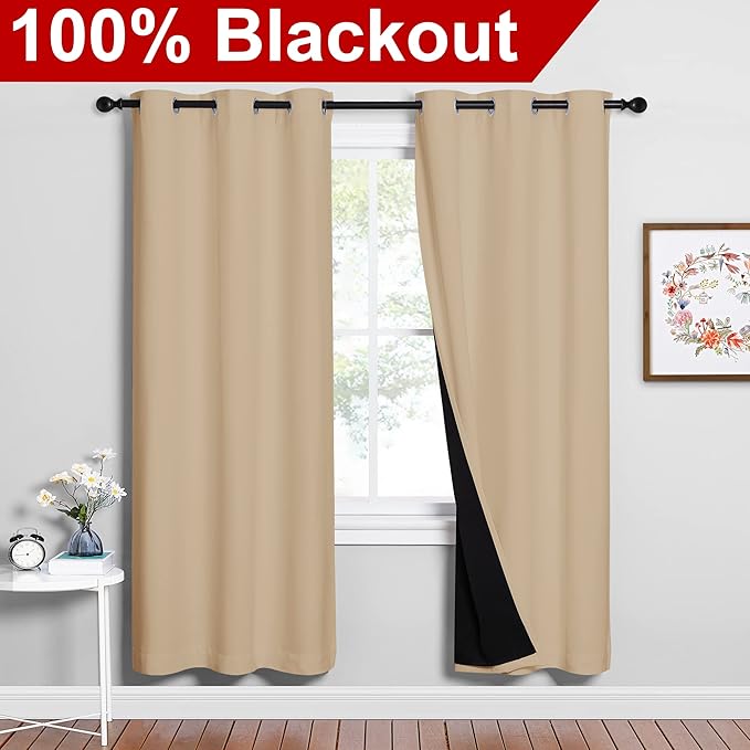 NICETOWN Living Room Completely Shaded Draperies, Privacy Protection & Noise Reducing Ring Top Drapes, Black Lined Insulated Window Treatment Curtain Panels(Biscotti Beige, 2 Pieces, W42 x L72) - Image 2