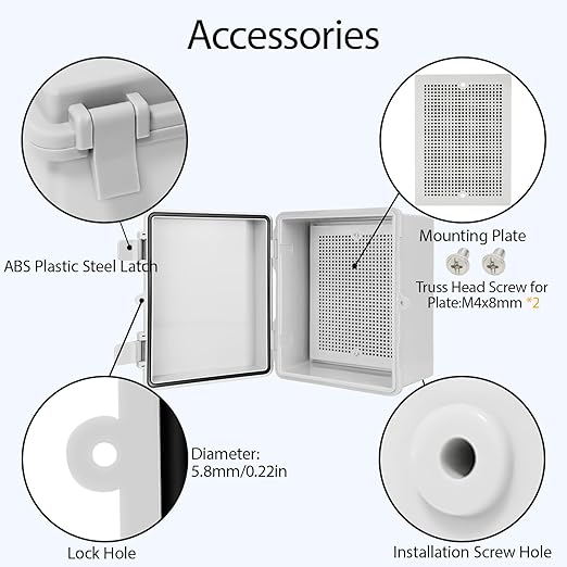 Junction Box ABS Plastic IP65 Waterproof Dustproof Universal Electrical Enclosure, Hinged Shell Outdoor and Indoor Usage Project Box, 8.7"x 6.7" x 4.3"(220x170x110mm), Grey - Image 5