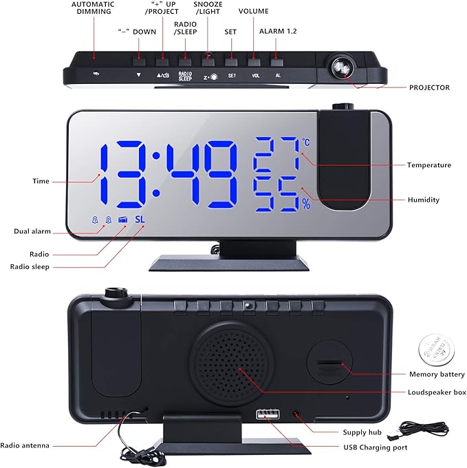 Projection Digital Alarm Clock for Bedrooms,Alarm Clock Radio on Ceiling, USB Charger Port, Temperature & Humidity Display, 7.3” Large Mirror LED Display,12/24H,Snooze,Dual Loud Clock- 4 Dimmer - Image 5