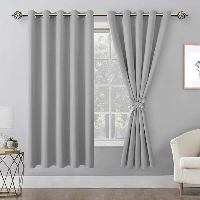 Hiasan Grommet Blackout Curtains for Bedroom, 60 x 72 Inches - Thermal Insulated & Light Blocking Window Drapes for Living Room/Dorm Room, Set of 2 Panels Sewn with Tiebacks, Silver Grey - Image 2