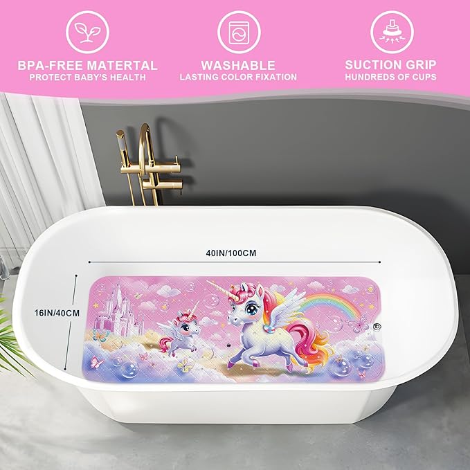 XIYUNTE Baby Bath Mat for Tub Non Slip Kids Bath Mat - 40''x16'' Extra Long Cartoon Bathtub Mat Non Slip Kids Shower Mat Eco-Friendly Toddler Bath Mats with Suction Cups, Machine Washable, Unicorn - Image 2