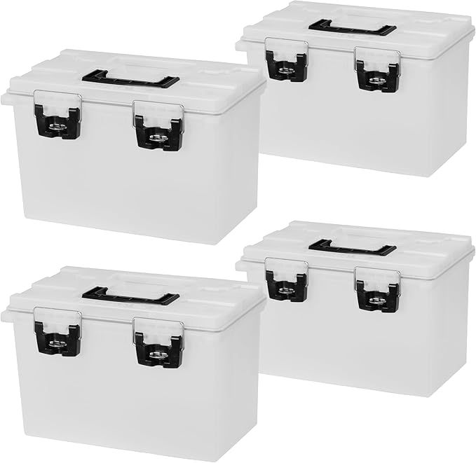 Sheffield 12767 XL Storage Bins With Lids, 4-Pack Stackable Storage Bins, Made in USA, Lockable and Water-Resistant Containers with Lids, Plastic Containers for Home, Classroom, and Dorm by Sheffield