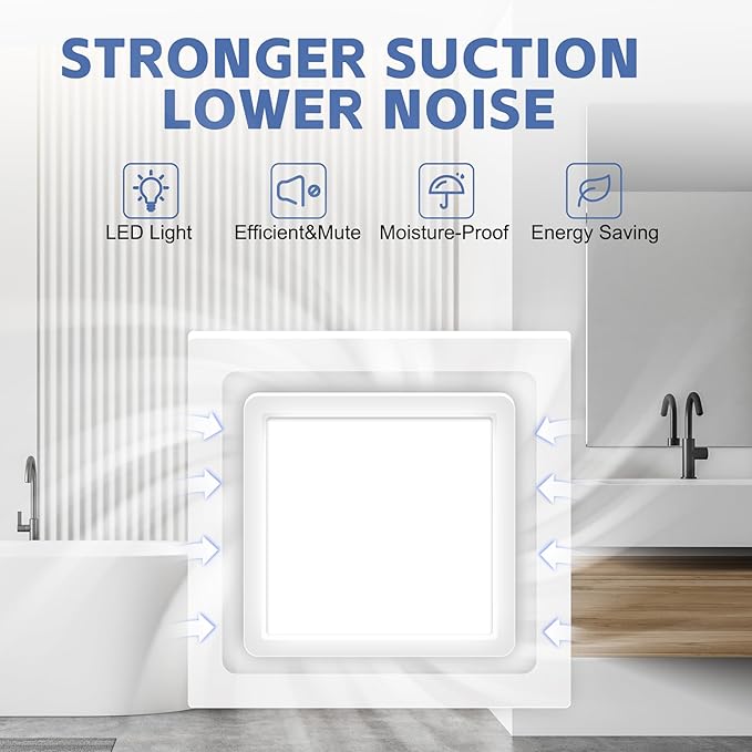 Bathroom Exhaust Fan with Light,11.8 In Panel,6000K 12W Square LED,141 CFM,0.7 Sones 4 Inches Duct 110V,Quiet Bathroom Ventilation Exhaust Fan for Shower/Restroom/Office/Home(6000K LED) - Image 7
