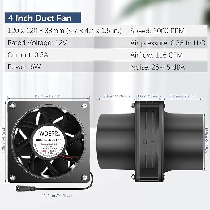 120mm x 38mm 4 Inch Duct Booster Small 12V Exhaust Fan with AC Variable Controller for DIY Paint/Dryer/Smoker/Growtent/3D Laser/Solder Fume Extractor-D1238 - Image 5