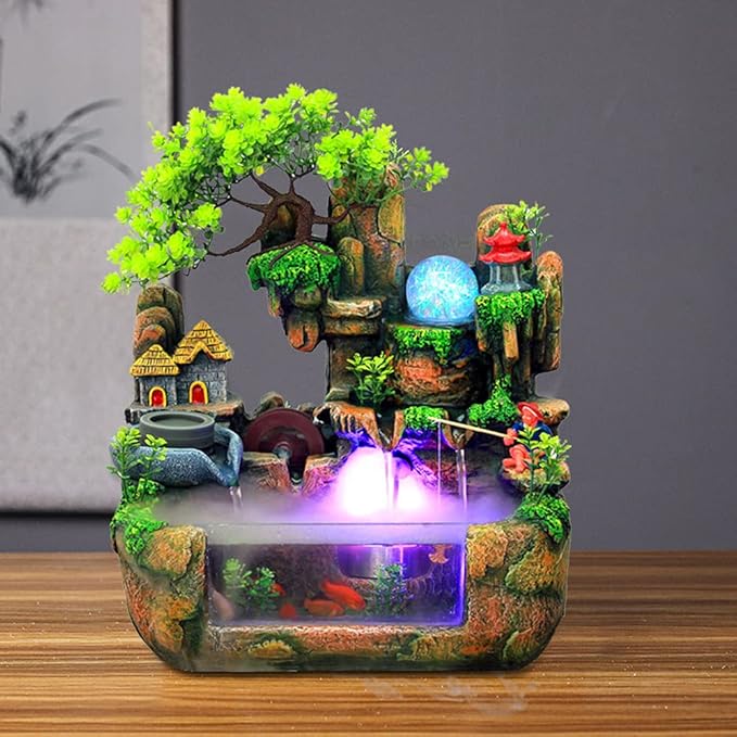 15" LED Desktop Fountain Waterfall Decor, Atomizing Desktop Humidifier w/LED Lights & Atomizer for Office Home Desk Decoration Gift Zen Meditation Resin Rockery Water Fountain Bonsai Bedroom Relax - Image 8