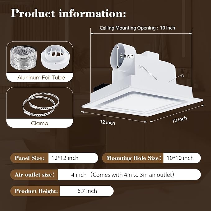 12" Ultra Quiet Bathroom Exhaust Fan with 5500K LED Light, 1.0 Sone 141 CFM, 10x10 Mount, 1500 LM Ceiling Ventilation Fan, Energy Efficient (5500K-White) - Image 4