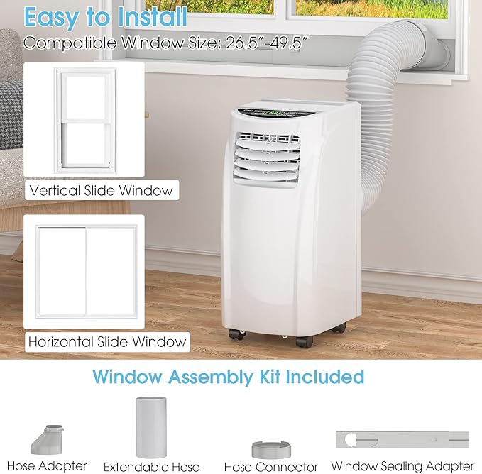 COSTWAY Portable Air Conditioners, 8000 BTU Air Conditioner Unit spaces up to 230 Sq.Ft with Remote Control Dehumidifier Function Window Wall Mount, 4 Caster Wheel, Sleep Mode and 2 Fan Speed - Image 6