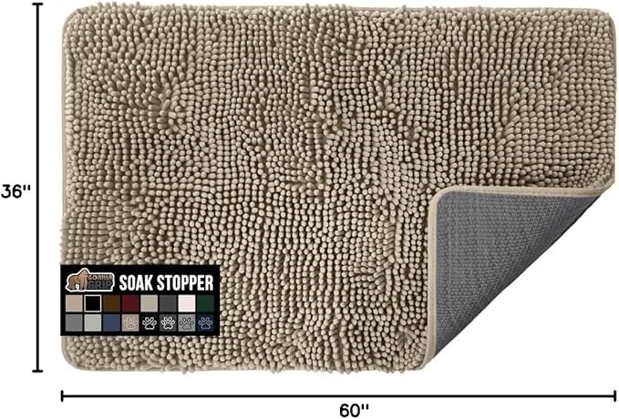 GORILLA GRIP SOAKSTOPPER Dog Door Mat, 60x36 Machine Washable Rug Absorbent Doormat Captures Moisture Mud Dirt, Quick Dry Soft Chenille Entryway Rugs Indoor Entrance Mats for Dog Paws, Beige - Image 2