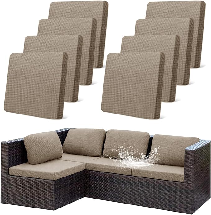 8Pcs Outdoor Stretch Cushion Covers,Waterproof Outdoor Chair Cushion Covers for Patio Furniture, Washable Jacquard Couch Covers Replacement for Patio Furniture(Khaki, Cover Only) by CALBODE