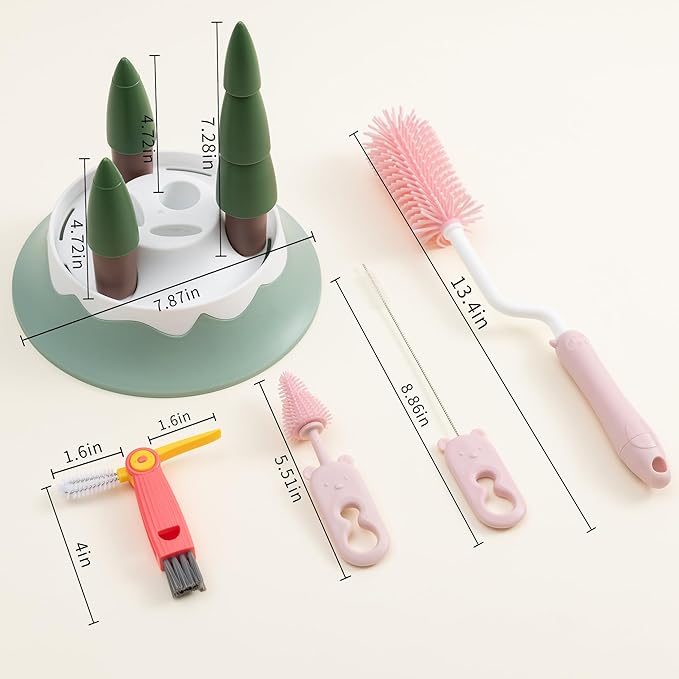Chemimoso Baby Bottle Drying Rack and Cleaning Set, with Spinning Silicone Baby Bottle Brush, Pacifier Brush, Straw Brush, Cup Lid Cleaning Brush, 2025 Xmas Holiday Surprise Gift for Newmom, Pink - Image 2
