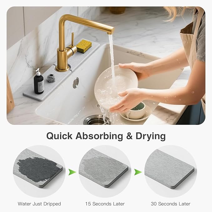 20" x 4" Stone Faucet Mat for Kitchen Sink, Quick Drying Diatomite Sink Tray, Faucet Sink Splash Guard for Prevents Moisture Buildup (Light Gray) - Image 3